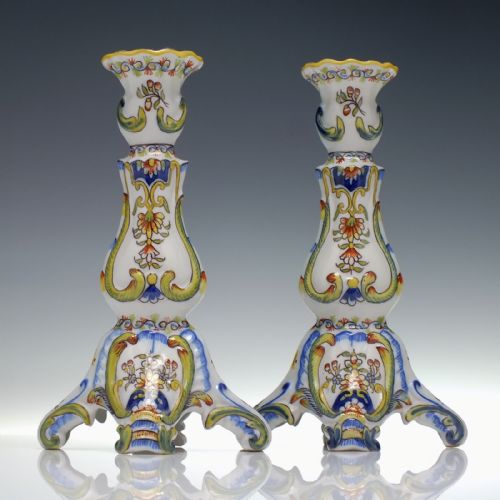 PAIR FRENCH 19TH CENTURY FRENCH FAIENCE ROUEN CANDLE STICKS C1880 - ADDITIONAL PHOTO 1