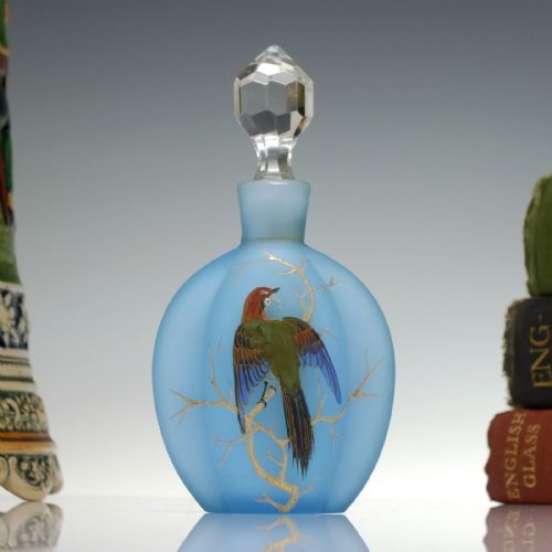 victorian blue satin glass hand painted thornbird perfume bottle c1870 - CATEGORY: ANTIQUE GLASS - DATED VICTORIAN