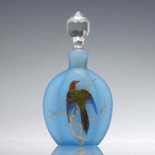 VICTORIAN BLUE SATIN GLASS HAND PAINTED THORNBIRD PERFUME BOTTLE C1870 - ADDITIONAL PHOTO 1