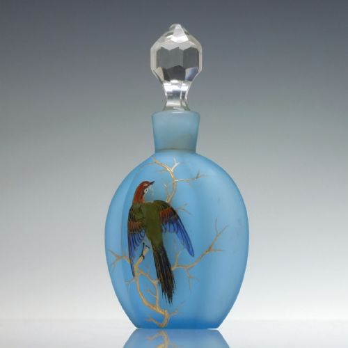 VICTORIAN BLUE SATIN GLASS HAND PAINTED THORNBIRD PERFUME BOTTLE C1870 - ADDITIONAL PHOTO 3