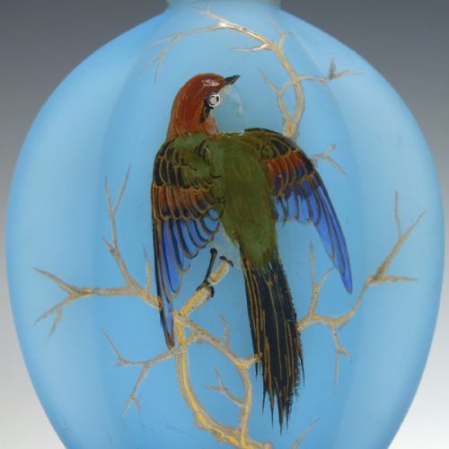 VICTORIAN BLUE SATIN GLASS HAND PAINTED THORNBIRD PERFUME BOTTLE C1870 - ADDITIONAL PHOTO 4