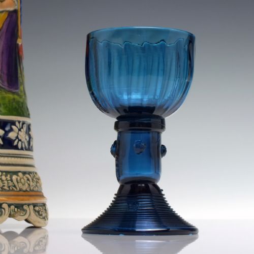 peacock blue wine glass with ribbed bowl and hollow stem c1820 - CATEGORY: ANTIQUE GLASS - DATED GEORGIAN