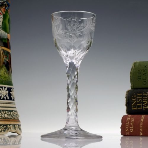 facet cut wine glass with engraved tulips and polished details c1780 - CATEGORY: ANTIQUE GLASS - DATED GEORGIAN
