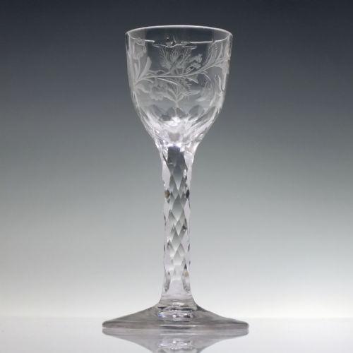 FACET CUT WINE GLASS WITH ENGRAVED TULIPS AND POLISHED DETAILS C1780 - ADDITIONAL PHOTO 1