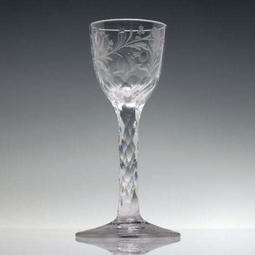 FACET CUT WINE GLASS WITH ENGRAVED TULIPS AND POLISHED DETAILS C1780 - ADDITIONAL PHOTO 2