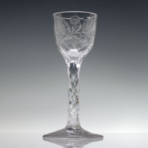 FACET CUT WINE GLASS WITH ENGRAVED TULIPS AND POLISHED DETAILS C1780 - ADDITIONAL PHOTO 3