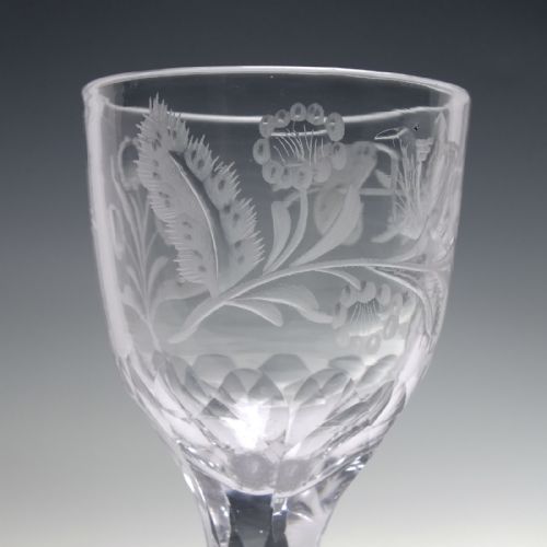 FACET CUT WINE GLASS WITH ENGRAVED TULIPS AND POLISHED DETAILS C1780 - ADDITIONAL PHOTO 4