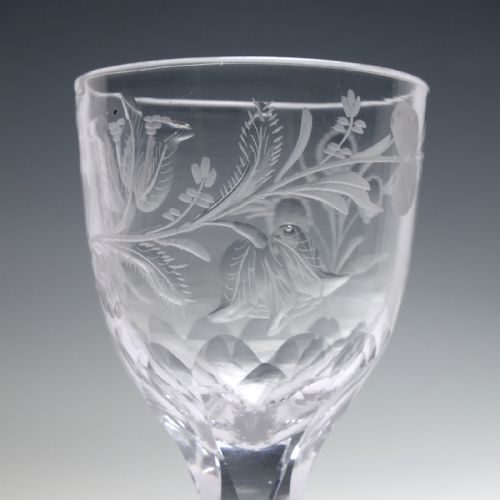 FACET CUT WINE GLASS WITH ENGRAVED TULIPS AND POLISHED DETAILS C1780 - ADDITIONAL PHOTO 6