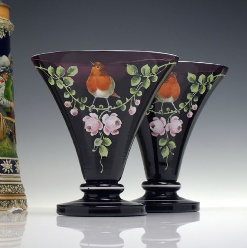 pair of victorian enamelled amethyst glass mantel vases c1880 - CATEGORY: ANTIQUE GLASS - DATED VICTORIAN