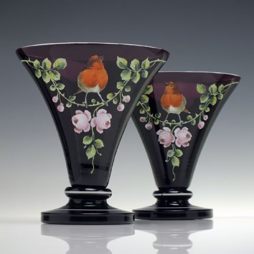 PAIR OF VICTORIAN ENAMELLED AMETHYST GLASS MANTEL VASES C1880 - ADDITIONAL PHOTO 1