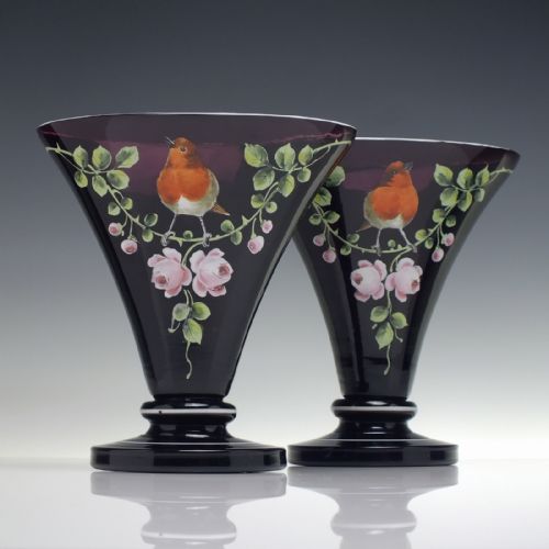 PAIR OF VICTORIAN ENAMELLED AMETHYST GLASS MANTEL VASES C1880 - ADDITIONAL PHOTO 2
