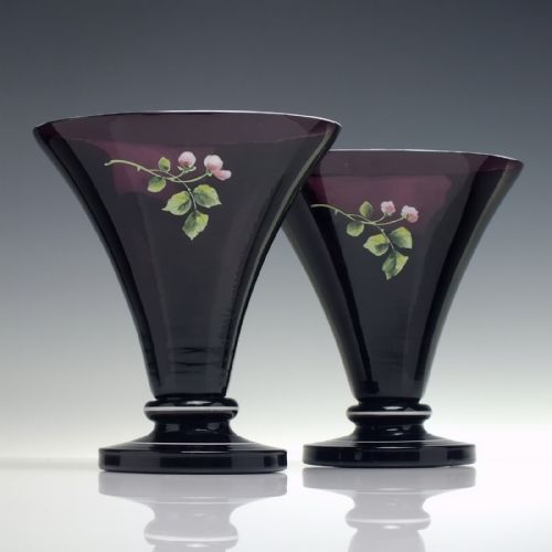 PAIR OF VICTORIAN ENAMELLED AMETHYST GLASS MANTEL VASES C1880 - ADDITIONAL PHOTO 3