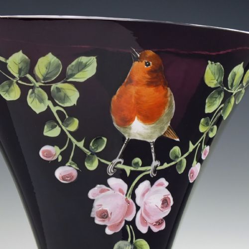 PAIR OF VICTORIAN ENAMELLED AMETHYST GLASS MANTEL VASES C1880 - ADDITIONAL PHOTO 7
