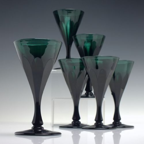 six antique bristol green wine glasses c1850 - CATEGORY: ANTIQUE GLASS - DATED VICTORIAN