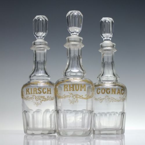 rare set of three german gilded liqueur glass decanters c1880 - CATEGORY: ANTIQUE GLASS - DATED 1880