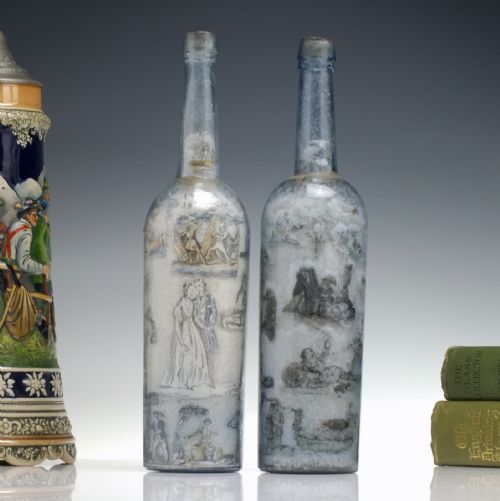 pair 19th century decoupage glass bottles c1880 - CATEGORY: ANTIQUE GLASS - DATED VICTORIAN