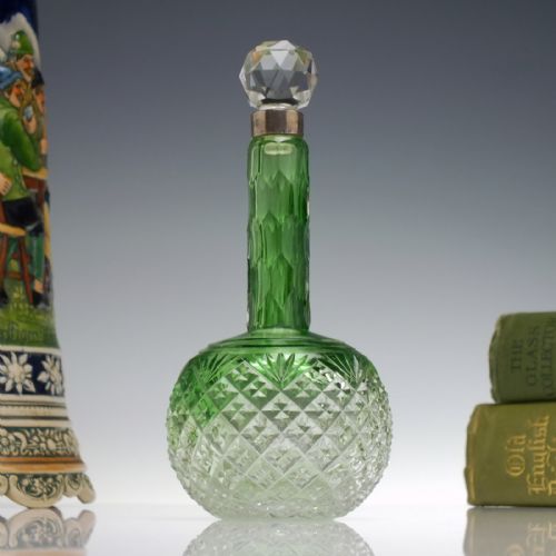 victorian cut green glass perfume bottle with silver cap c1875 - CATEGORY: ANTIQUE GLASS - DATED VICTORIAN