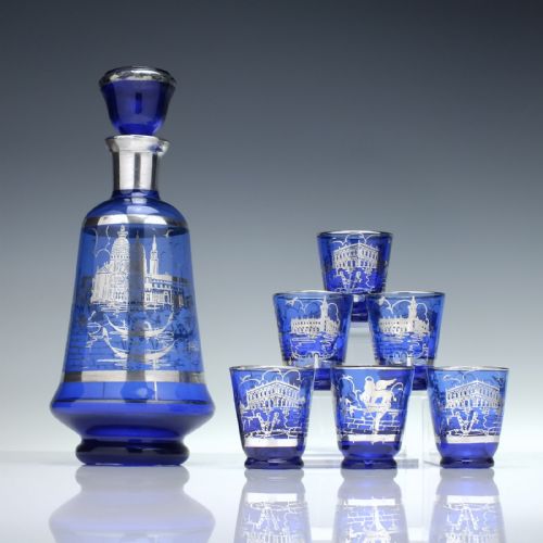 murano silvered blue wine decanter six matching glasses c1920 - CATEGORY: ANTIQUE GLASS - DATED 1920