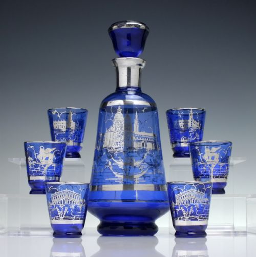 MURANO SILVERED BLUE WINE DECANTER SIX MATCHING GLASSES C1920 - ADDITIONAL PHOTO 2