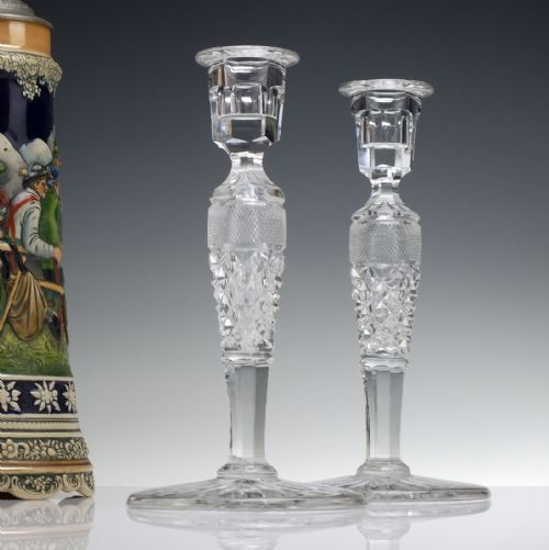 pair of edwardian crystal cut glass candlesticks c1900 - CATEGORY: ANTIQUE LIGHTING - DATED 1900