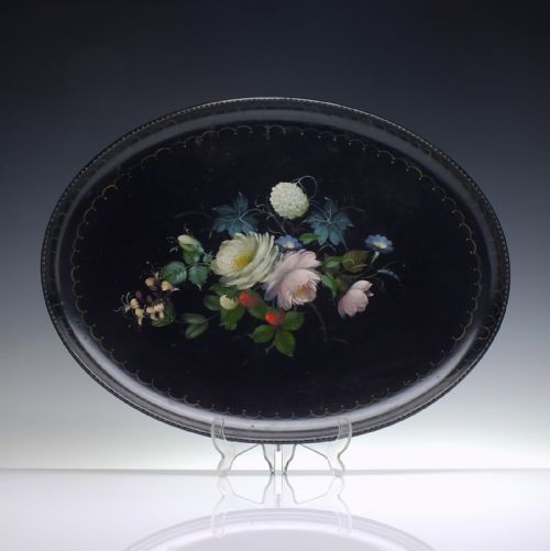 victorian papier mache hand painted black lacquer tray c1850 - CATEGORY: ANTIQUE MISCELLANEOUS - DATED VICTORIAN