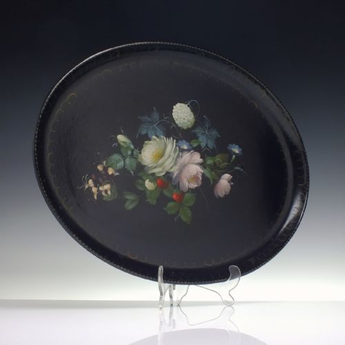 VICTORIAN PAPIER MACHE HAND PAINTED BLACK LACQUER TRAY C1850 - ADDITIONAL PHOTO 1