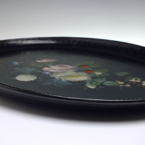 VICTORIAN PAPIER MACHE HAND PAINTED BLACK LACQUER TRAY C1850 - ADDITIONAL PHOTO 6