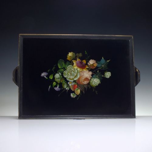 large victorian hand painted black lacquered wooden tray c1880 - CATEGORY: ANTIQUE MISCELLANEOUS - DATED VICTORIAN