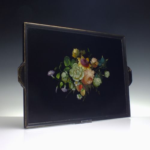 LARGE VICTORIAN HAND PAINTED BLACK LACQUERED WOODEN TRAY C1880 - ADDITIONAL PHOTO 1