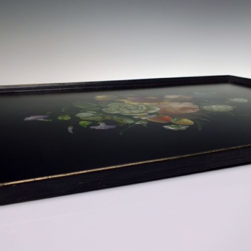 LARGE VICTORIAN HAND PAINTED BLACK LACQUERED WOODEN TRAY C1880 - ADDITIONAL PHOTO 6