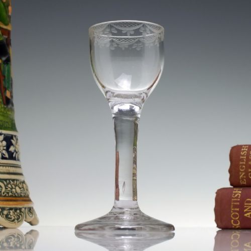 18th century engraved plain stem wine glass c1750 - CATEGORY: ANTIQUE GLASS - DATED GEORGIAN