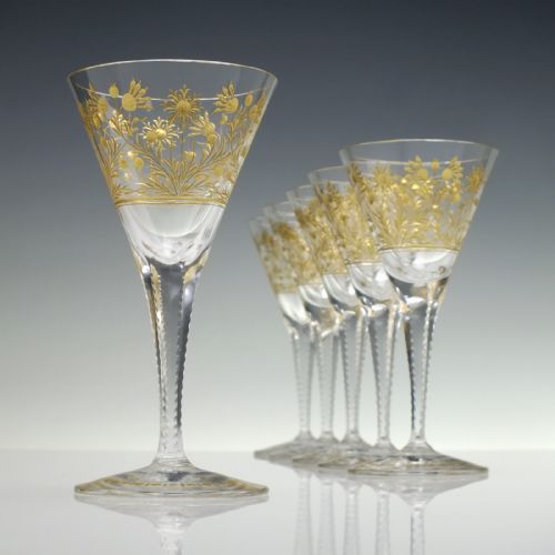 six engraved gilded josephinenhutte wine glasses c1900 - CATEGORY: ANTIQUE GLASS - DATED 1900