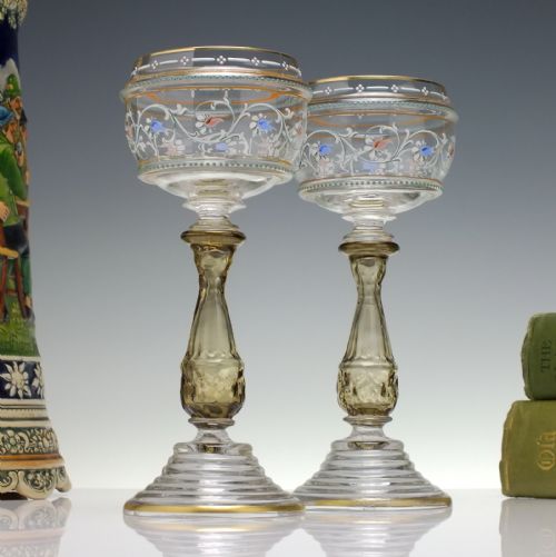 pair friedrich heckert gilded and enamelled wine glasses c1900 - CATEGORY: ANTIQUE GLASS - DATED 1900