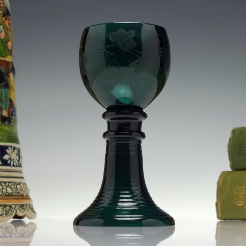 19th century emerald green engraved wine glass c1880 - CATEGORY: ANTIQUE GLASS - DATED 1880