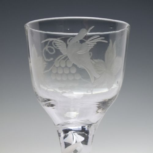 ANTIQUE GEORGIAN ENGRAVED OPAQUE TWIST WINE GLASS C1760 - ADDITIONAL PHOTO 3