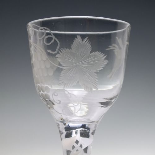 ANTIQUE GEORGIAN ENGRAVED OPAQUE TWIST WINE GLASS C1760 - ADDITIONAL PHOTO 5