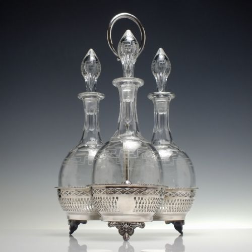 THREE VICTORIAN ENGRAVED DECANTERS IN SOLID SILVER FRAME 1872 - ADDITIONAL PHOTO 1