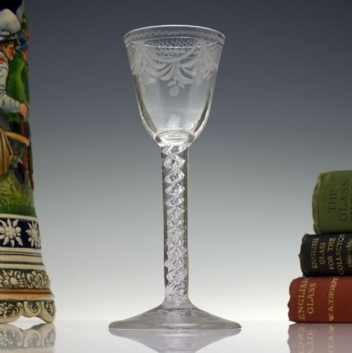 rare 18th century engraved mercury twist wine glass c1750 - CATEGORY: ANTIQUE GLASS - DATED GEORGIAN