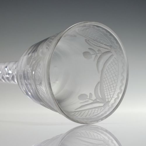 RARE 18TH CENTURY ENGRAVED MERCURY TWIST WINE GLASS C1750 - ADDITIONAL PHOTO 4