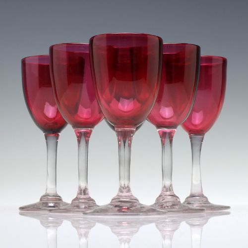 set of six 19th century cranberry wine glasses c1880 - CATEGORY: ANTIQUE GLASS - DATED VICTORIAN