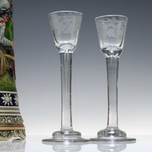 pair 18th century engraved plain stem cordial glasses c1750 - CATEGORY: ANTIQUE GLASS - DATED GEORGIAN