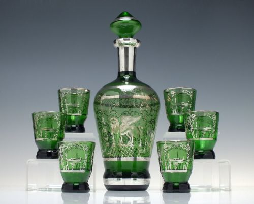 antique murano silvered green glass decanter six matching glasses c1920 - CATEGORY: ANTIQUE GLASS - DATED 1920