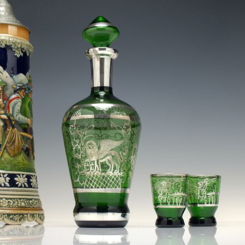 ANTIQUE MURANO SILVERED GREEN GLASS DECANTER SIX MATCHING GLASSES C1920 - ADDITIONAL PHOTO 2