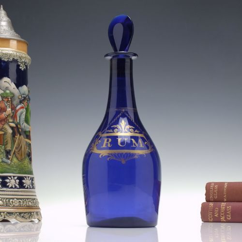 large bristol blue gilded rum decanter c1800 - CATEGORY: ANTIQUE GLASS - DATED GEORGIAN