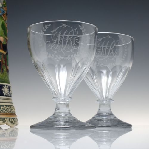 pair antique engraved petal moulded glass rummers c1840 - CATEGORY: ANTIQUE GLASS - DATED VICTORIAN