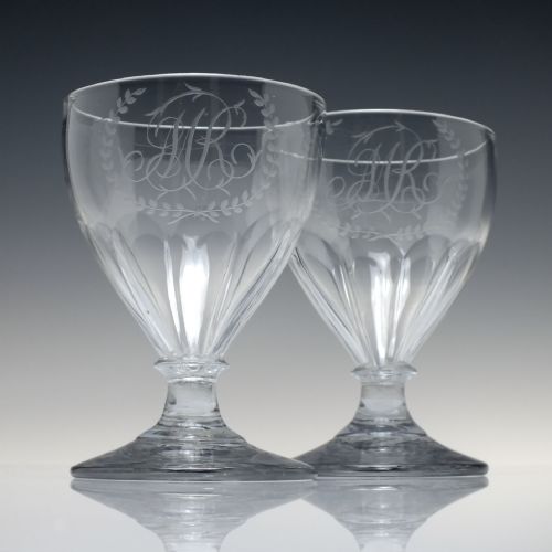 PAIR ANTIQUE ENGRAVED PETAL MOULDED GLASS RUMMERS C1840 - ADDITIONAL PHOTO 1