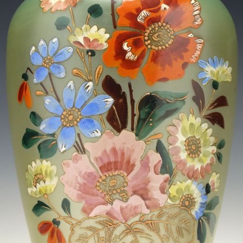 LARGE PAIR OF ENAMELLED 19TH CENTURY GLASS VASES C1870 - ADDITIONAL PHOTO 2