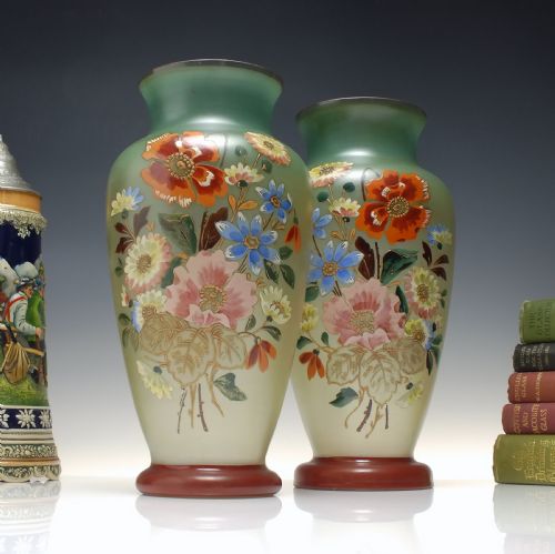 LARGE PAIR OF ENAMELLED 19TH CENTURY GLASS VASES C1870 - ADDITIONAL PHOTO 6