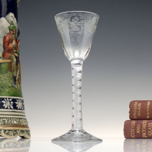 georgian engraved air twist wine glass c1750 - CATEGORY: ANTIQUE GLASS - DATED GEORGIAN