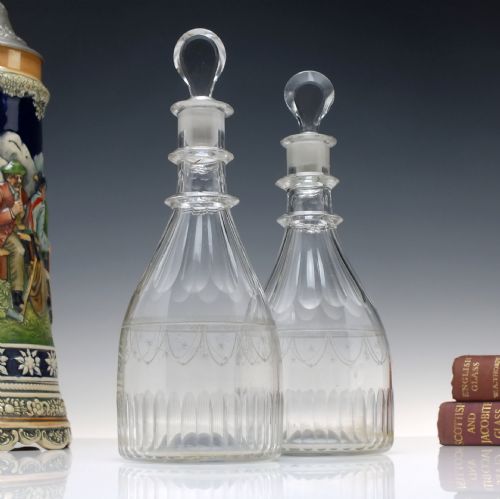 pair 18th century engraved taper glass decanters c1780 - CATEGORY: ANTIQUE GLASS - DATED GEORGIAN
